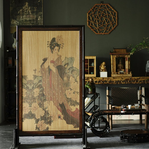 Chinese Style Bamboo Screen Double Sided Foldable <b>Room</b> <b>Divider</b> With Lady Portrait Art Decor For Living <b>Room</b> Entrance - Product Image 1
