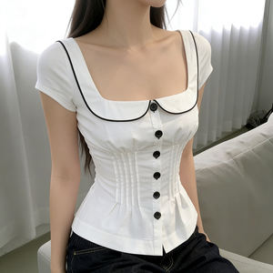 Linda Camisa de Cuello Peter Pan en Blanco y Negro con Bloques de Color, Cintura Plizada, Diseño con Botones, Manga Corta, Top de Verano para Niñas - Product Image 4