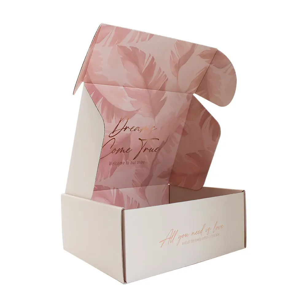 Vendita calda fantasia rosa stampa personalizzata ondulato oem imballaggio vestiti spedizione carta regalo scatola riciclabile