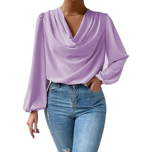 Camicetta da <span class=keywords><strong>donna</strong></span> in chiffon con scollo a V, maniche lunghe, vestibilità ampia, drappeggiata, casual, tipo tunica - Product Image 5
