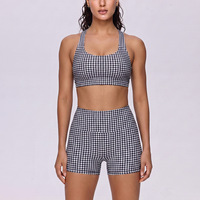Ensemble de yoga à carreaux : short taille haute sculptant la silhouette et brassière de sport anti-transpiration en Spandex/Nylon avec bandeau offert