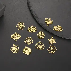 12 pièces/<span class=keywords><strong>lot</strong></span> mois de <span class=keywords><strong>naissance</strong></span> fleurs breloque en acier inoxydable Aster Violet oeillet Lotus coquelicot bricolage pendentif fabrication de bijoux en gros - Product Image 4