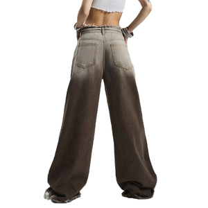 Pantalones vaqueros de mezclilla de mujer al por mayor, de cintura baja, con degradado, flecos sin rematar, cintura con cordón, pierna recta hasta el suelo, holgados y de pierna ancha - Product Image 2