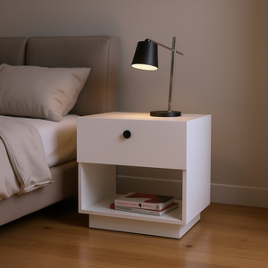 Comodino bianco a 1 cassetto con ripiano aperto, design moderno e minimalista, mobili per camera da letto - Product Image 2