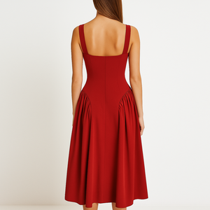 ชุดเดรสลำลองสีแดงทรงเอไลน์ ความยาวปานกลาง คอวี จับจีบ แฟชั่นทันสมัย เหมาะสำหรับใส่ทำงานในฤดูร้อน - Product Image 3