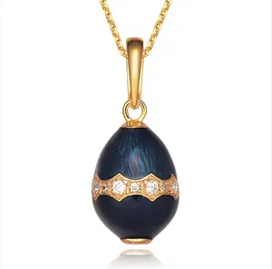 Colgante de huevo de Pascua esmaltado, colgante de huevos estilo Faberge con diamantes de imitación, colgante de plata esterlina