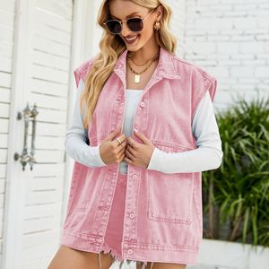 Gilet <span class=keywords><strong>en</strong></span> <span class=keywords><strong>jean</strong></span> ample <span class=keywords><strong>sans</strong></span> manches pour femmes et filles, <span class=keywords><strong>veste</strong></span> décontractée à boutons et revers avec poches, mode estivale - Product Image 3