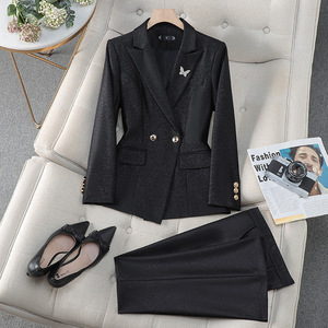 Women's Pink <b>Blazer</b> Suit <b>Set</b> Double Breasted Office Lady Style Anti-Wrinkle Pencil Pants Professional Work Wear - Product Image 2