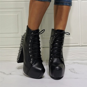 Autumn Spike Rivets Ornament Round Toe Platform Front Lace up Daily Women Ankle <b>Boots</b> High Chunky Heel Big Size 47 - Product Image 4