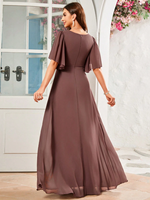 Robe de soirée longue en mousseline de soie haut de gamme, couleur unie, manches papillon, détail plissé sur le devant, coupe trapèze, pour dîners, mariages et fêtes