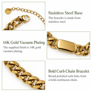 Pulsera de cadena tipo Curb, acero inoxidable chapado en oro de 14K al vacío, eslabones anchos pulidos, color dorado - Product Image 2