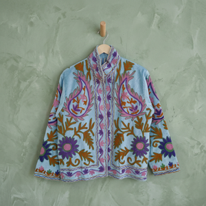 Veste en velours bleu ciel pour femmes, style Suzani, brodée à la main, motif floral Paisley, blazer court décontracté, devant ouvert, doublure rayée - Product Image 4