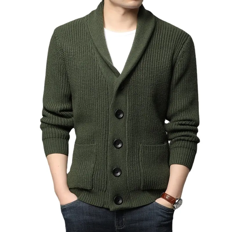 High quality new men's long sleeve sweater cardigan pocket high collar solid color sweater men's clothing