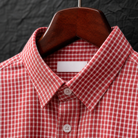 Kemeja Pria Lengan Pendek Motif Tartan Merah Putih Kustom, Katun Premium Bernapas, Motif Kotak-kotak Mikro, Kasual Musim Panas, Kemeja Kancing Pria