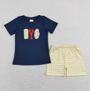 Ensemble barboteuse et short en vichy jaune avec applique homard nautique pour bébés garçons et filles - Product Image 5
