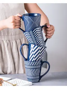 Tazze da caffè di grande capacità in rilievo blu in ceramica nordica Solhui tazze d'acqua