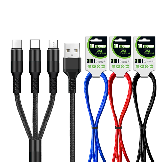 10FT 3 in 1 Charging Cable Nylon Braided 10 Feet Multiple Charger Cable