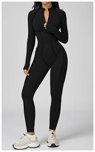 Women High Quality Bright Color 2 Piece Yoga Bodysuit V-Neck Long Sleeves Half Zip Backless Tight Butt Lift Spandex/Polyester - Product Image 4