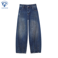 YUANBOFEI Jeans Baggy pour Femmes, Taille Haute, Denim en Forme de Fer à Cheval, Pantalon Large à Jambes Courbes, Bleu, Casual, Minimaliste, Vêtements Féminins