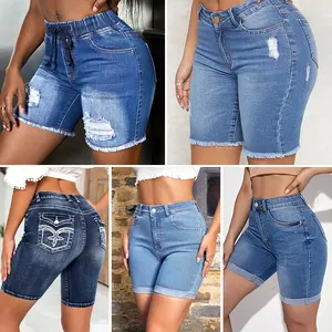 Atacado de jeans curtos de algodão para mulheres, shorts retrô femininos de jeans lavados, remessa aleatória