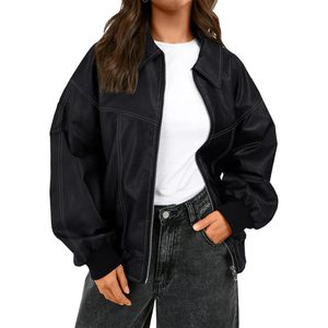 Womens PU Leather Bomber Jacket Oversized Full Sleeve Plus Size Zip Up Motorcycle Style Fall <b>Winter</b> Outerwear - Product Image 1