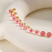 Anting-anting kancing kupu-kupu mahkota bunga enamel lucu berlapis emas 18K dari baja tahan karat, perhiasan pink custom untuk wanita, gadis, dan anak-anak