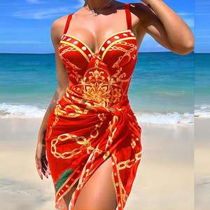 Traje de Baño Enterizo con Estampado sin Espalda y Pareo, Traje de Baño Vintage con Cadena para Busto Grande - Product Image 6