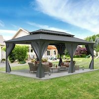Gazebo moderne 12' x 20' à toit rigide robuste, en acier galvanisé gris, avec double toit, moustiquaire et rideaux