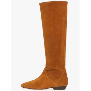Women's Autumn Winter Knee-High Booties New <strong>Suede</strong> Loose Upper Wide Fit <strong>Flat</strong> Heels Plush Pointed Toe Slouchy Height Increasing