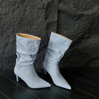 2025 nouvelles bottes mi-mollet en denim bleu toutes saisons 7.5cm à bout pointu talon aiguille antidérapant semelle TPR