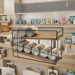 Wooden <b>Desktop</b> <b>Shelf</b> Iron And Wood Combination Double Layer Storage Rack For Kitchen Can Organizer - Product Image 2