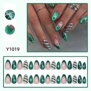 Faux ongles à presser vertes œil de chat français, motif amande, flocon de neige, pour Noël, vente en gros - Product Image 2