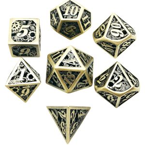 Jeu de dés polyédriques 7 pièces en métal gravé, dés de jeu de société D&D creux, design noir et or, durable - Product Image 4