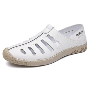 White Breathable Hollow-Out Leather Sandals Flat Slip-On Men's Casual Driving Shoes - Product Image 5