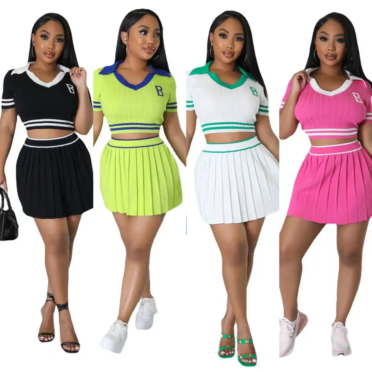 Chất Lượng Cao Dệt Kim Vải Màu Sắc Tương Phản V Cổ Phụ Nữ Crop Top Và Pleated Tennis Váy 2 Mảnh Thiết Lập Cho Phụ Nữ Hoạt Động Mặc