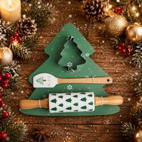 Ensemble de 3 ustensiles de pâtisserie pour Noël : Rouleau à pâtisserie en silicone avec manche en chêne, spatule et emporte-pièces en acier inoxydable en forme d'arbre, avec carte d'illustration