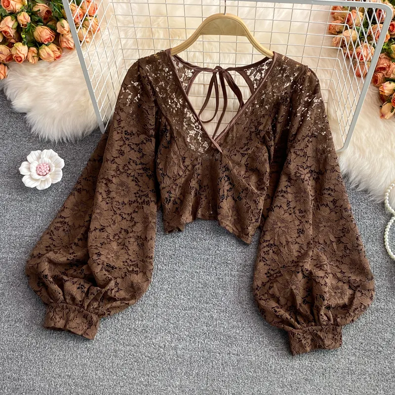 Sexy Lace Blouse Women Elegant V-Neck Puff Long Sleeve Open Back Short Tops Female Party Blusas 2022