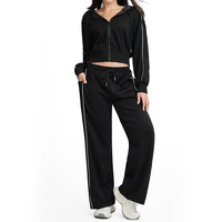 Ensemble de survêtement de sport pour femme avec logo personnalisé, 2 pièces : veste à capuche zippée courte et pantalon de jogging ample à jambes larges