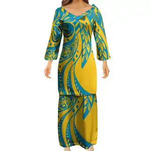 Yellow And Blue Pacific Heritage Comfortable V-neck Puletasi Dresses Micronesia Island Design Hot Selling Puletasi Dress