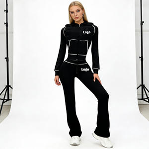 ชุดเซ็ทลำลองสไตล์วอฟเฟิล 2 ชิ้น สำหรับผู้หญิง เสื้อฮู้ดแขนยาวแบบซิป และกางเกงทรงบาน ชุดวอร์มเข้ารูป - Product Image 4