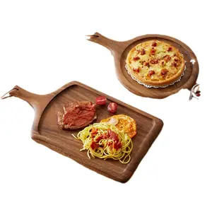 Mutfak ahşap yuvarlak Pizza servis tepsisi yiyecek tepsisi dikdörtgen akasya ahşap biftek tabağı kesme tahtası