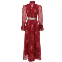 Robe élégante en mousseline à manches longues avec col montant et coupe ajustée, couleurs unies, pour l'été – Vente en gros