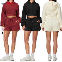 Ensemble de vêtements décontractés pour femmes, sweat-shirts à capuche zippés en polaire, pantalons de survêtement, shorts, rouge, pour l'hiver et Noël