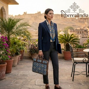 Bolso para portátil de algodón con estampado artesanal Indigo, tipo mensajero para oficina, con asa de Regzine - Product Image 2