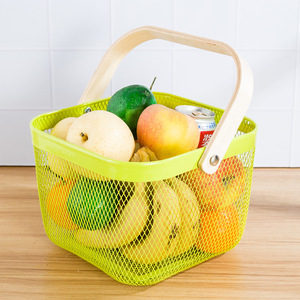Cestino in Metallo Personalizzabile per Picnic, Frutta e Alimenti, Cesto Portatile in Rete Metallica per Verdure <span class=keywords><strong>con</strong></span> Manico in Legno - Product Image 3
