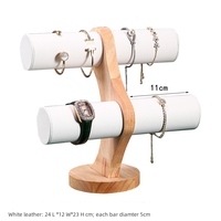 Magnifique support de montre en bois en forme d'arc à 2 niveaux avec barre en T en cuir noir et velours vert jute