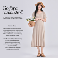 Robe d'allaitement CzzzyL pour femme, manches courtes, col élastique, taille froncée, mi-longue à volants, poches, couleur unie beige, silhouette élégante