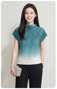 PY Korean Style Casual Slim Fit Pleated Eco-Friendly Women's Geometric Pattern Print Stand Collar Short Sleeve Blouse 100% - Product Image 6