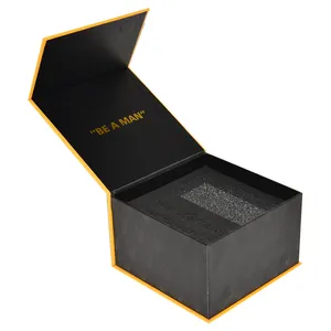 Luxury Gold Foil Logo Matt Black Flap Top Magnetic Cardboard Paper Box Men's Perfume Packaging with Foam Tray