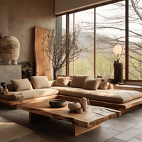 Nouveau design, best-seller : Ensemble de canapés modulables en L style Wabi Sabi, en coton et bois massif, pour hôtel, bureau, salle à manger et salon
